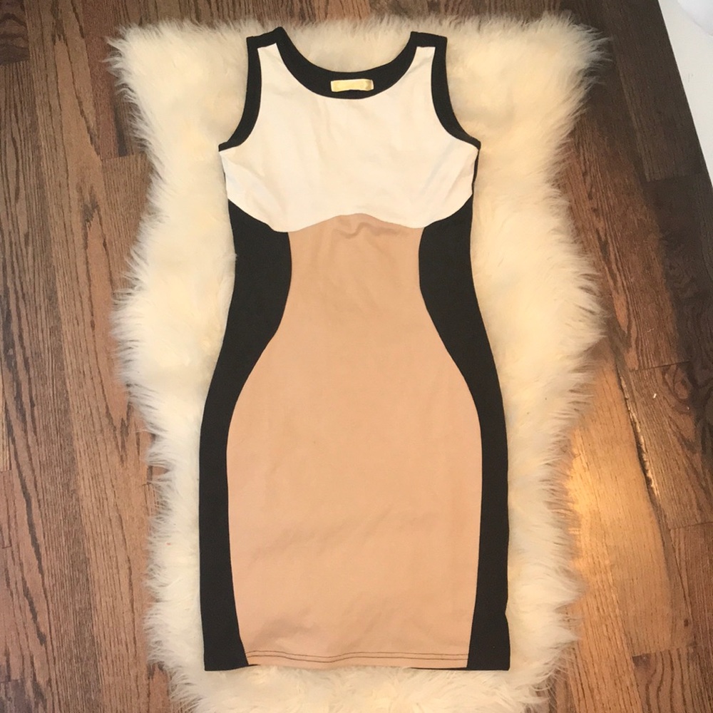 Tan White Black Dress
